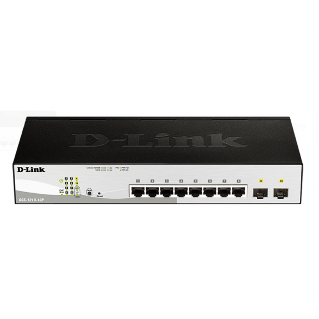 سوئیچ شبکه مدیریتی 8 پورت PoE با 2 پورت SFP دی لینک مدل DGS-1210-10P